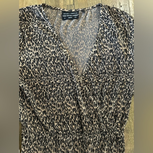 THE FIFTH LABEL Brown Black Long Sleeve Leopard Faux Stretch Wrap Midi Dress - Picture 12 of 15